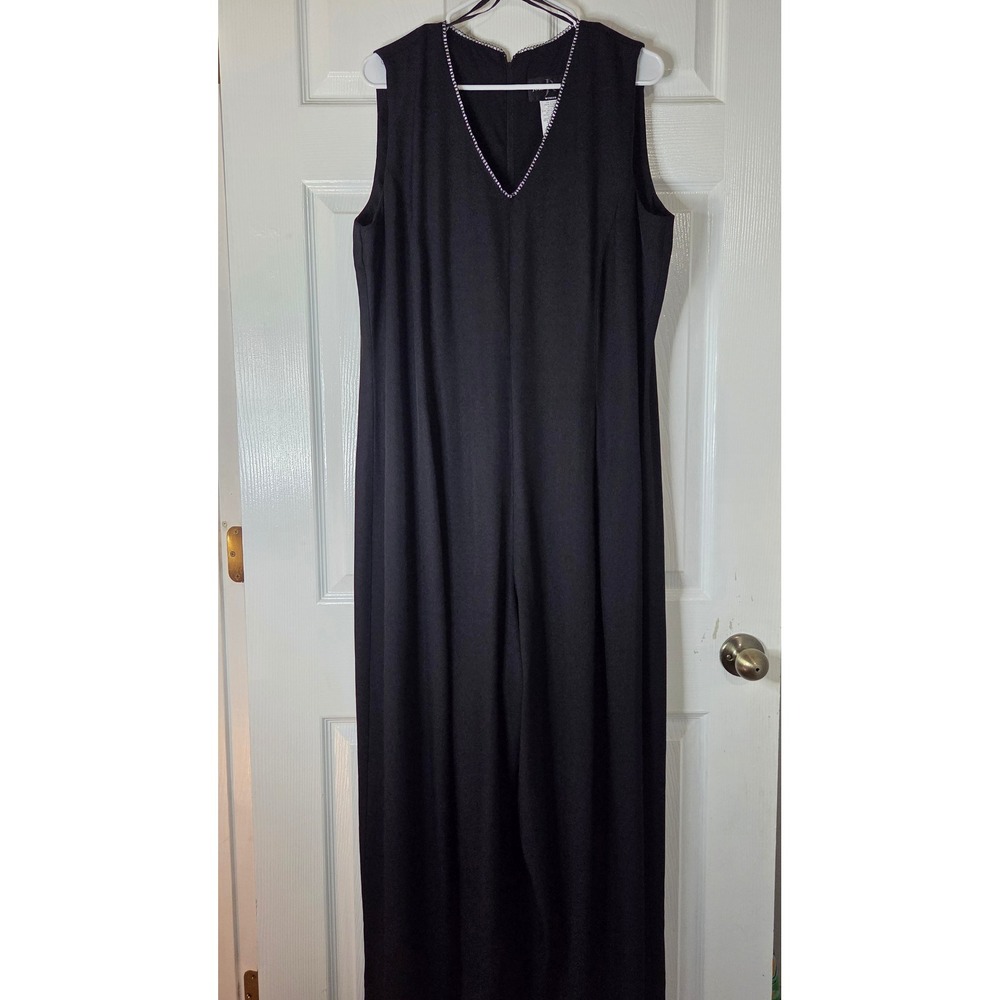 John Roberts Woman Black Rhinestone Trim V-Neck Jumpsuit Size 18W Wide Leg